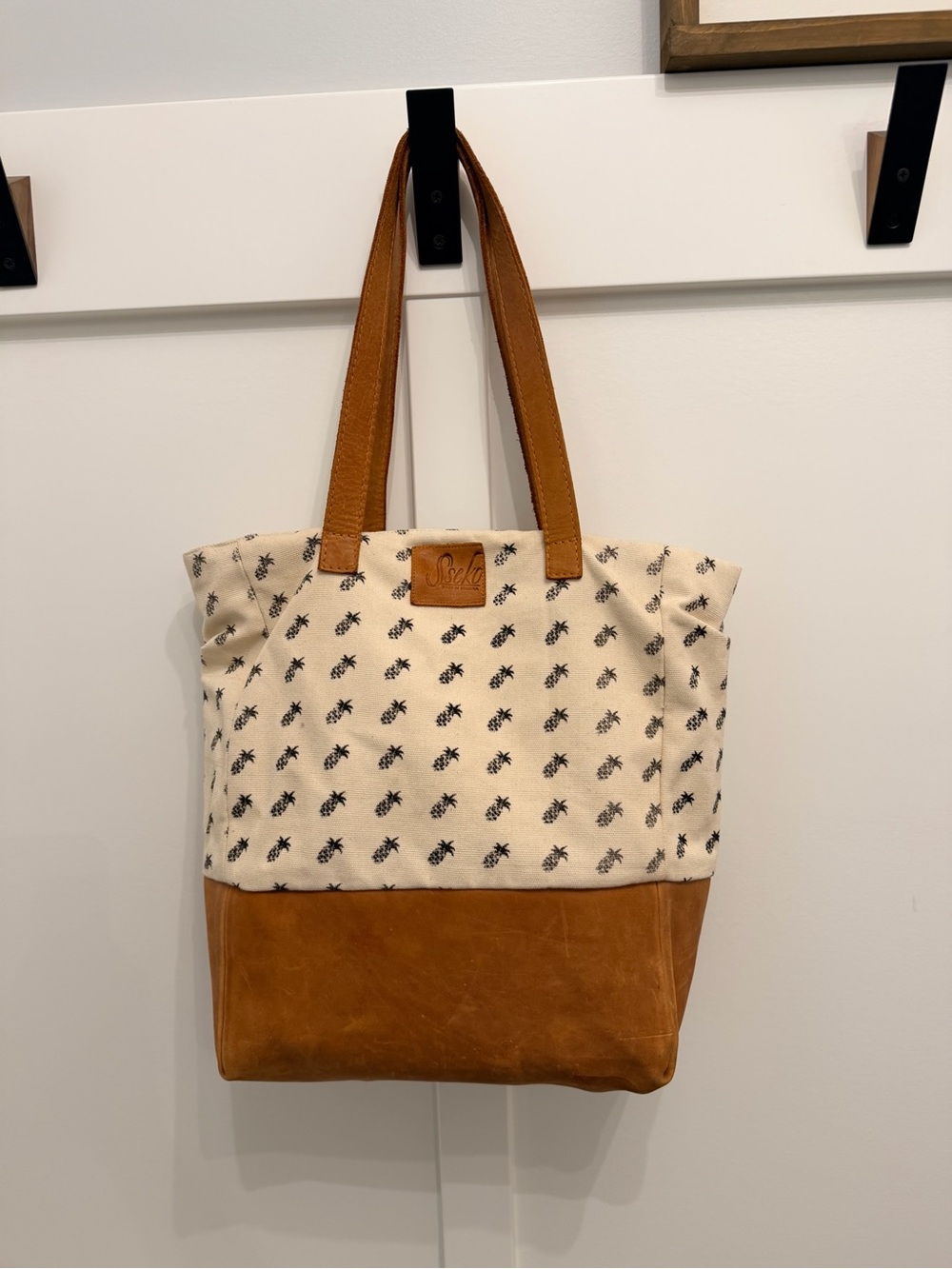 Sseko Canvas & Leather Tote Bag with Pineapple Print - Cream and Tan
